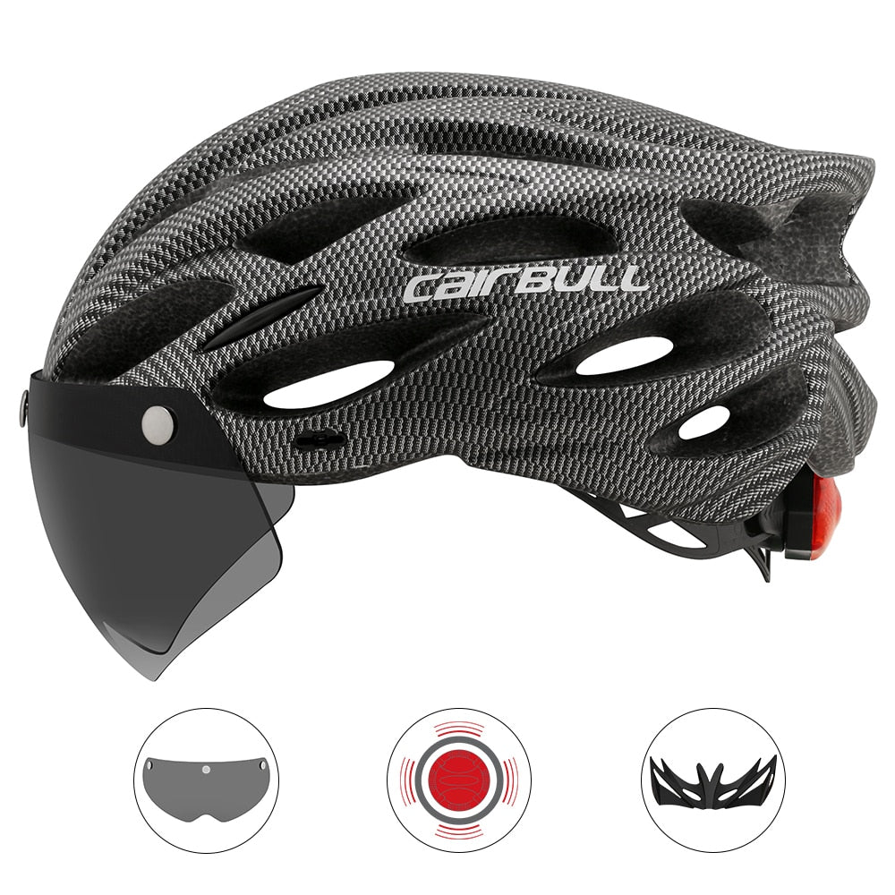 Capacete Ciclismo com Luz Traseira e Viseira Magnética Masculino Sofisticado/Feminino Elegante Cairbull