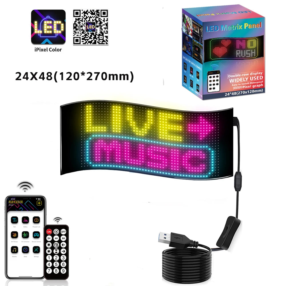 Painel LED RGB Flexível com Bluetooth – Display Animado para Carros e Caminhões