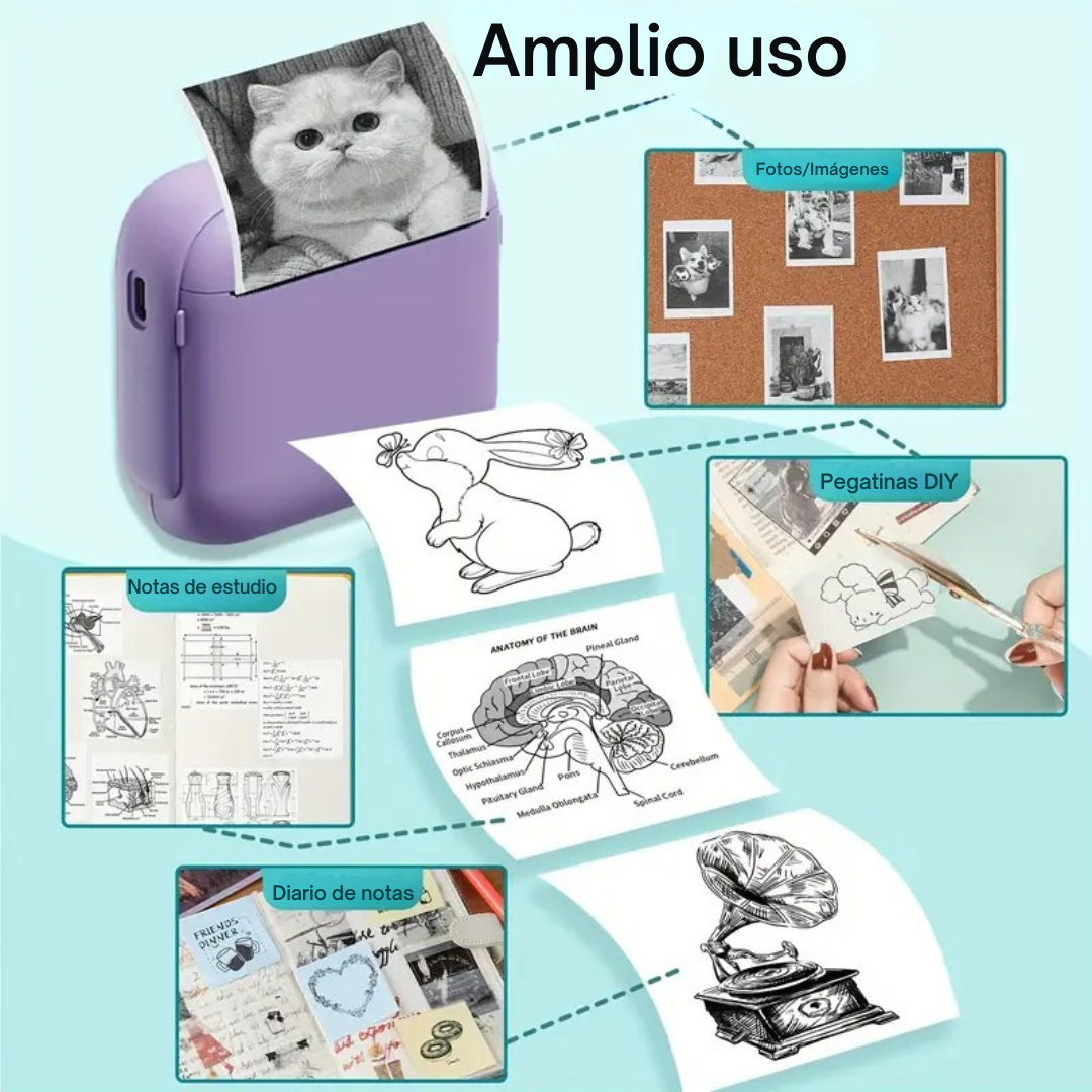 Impressora portátil recarregável com impressão multifuncional 