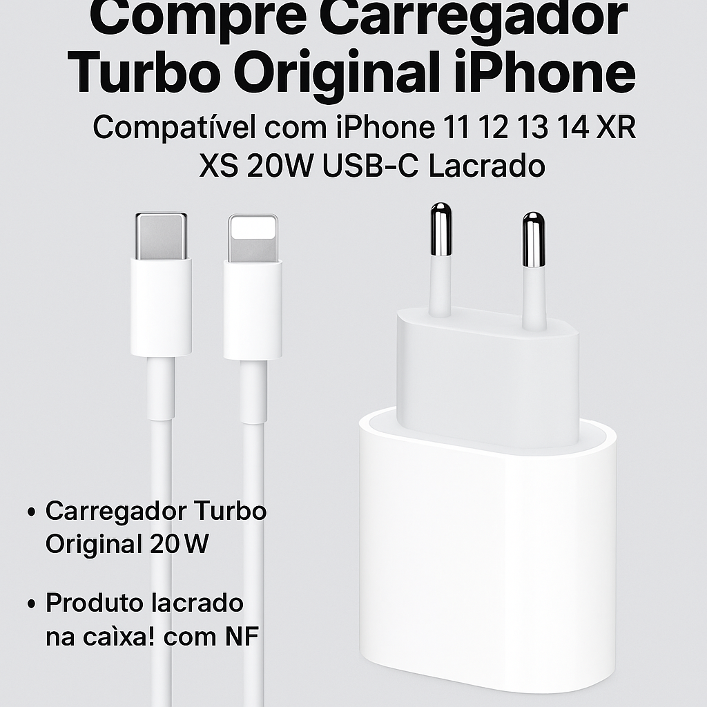 Carregador de Iphone Original Turbo iPhone 11 12 13 14 Xr Xs 20w Usb C Lacrado