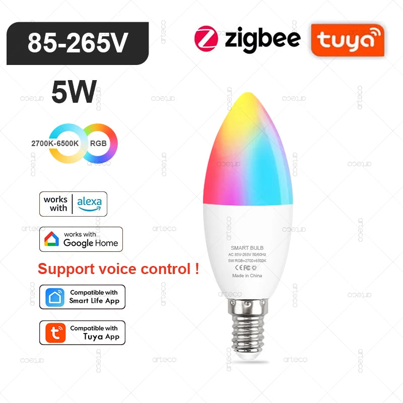 Tuya Smart LED Lamp – WIFI/Zigbee/Bluetooth, RGB & Wit, Dimbaar