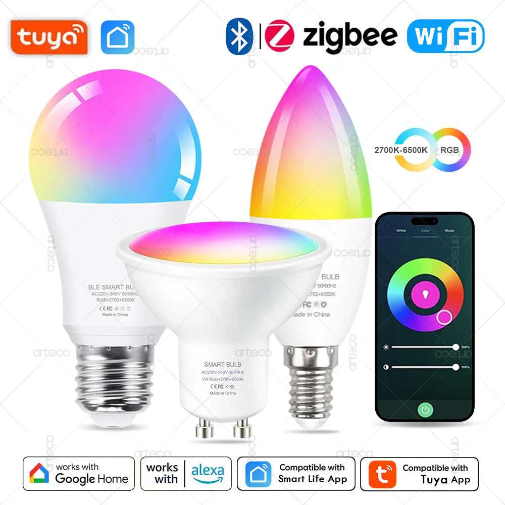 Tuya Smart LED Lamp – WIFI/Zigbee/Bluetooth, RGB & Wit, Dimbaar