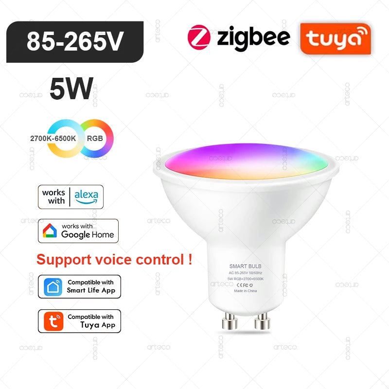 Tuya Smart LED Lamp – WIFI/Zigbee/Bluetooth, RGB & Wit, Dimbaar